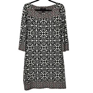 WHITE HOUSE BLACK MARKET Womens Geometric Print 3/4 Sleeve Shift Stretch Dress M
